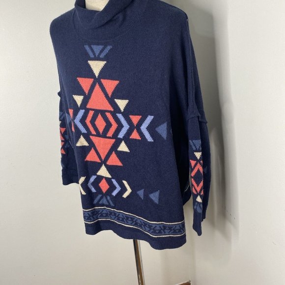 J Jill Aztec Sweater Womens Sz L Blue Southwestern Turtleneck Side Slit button - Picture 2 of 5